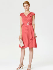 Aimishang A-Line Mother of the Bride Dress Elegant V Neck Knee Length Satin Chiffon Short Sleeve No with Sash / Ribbon Pleats Beading