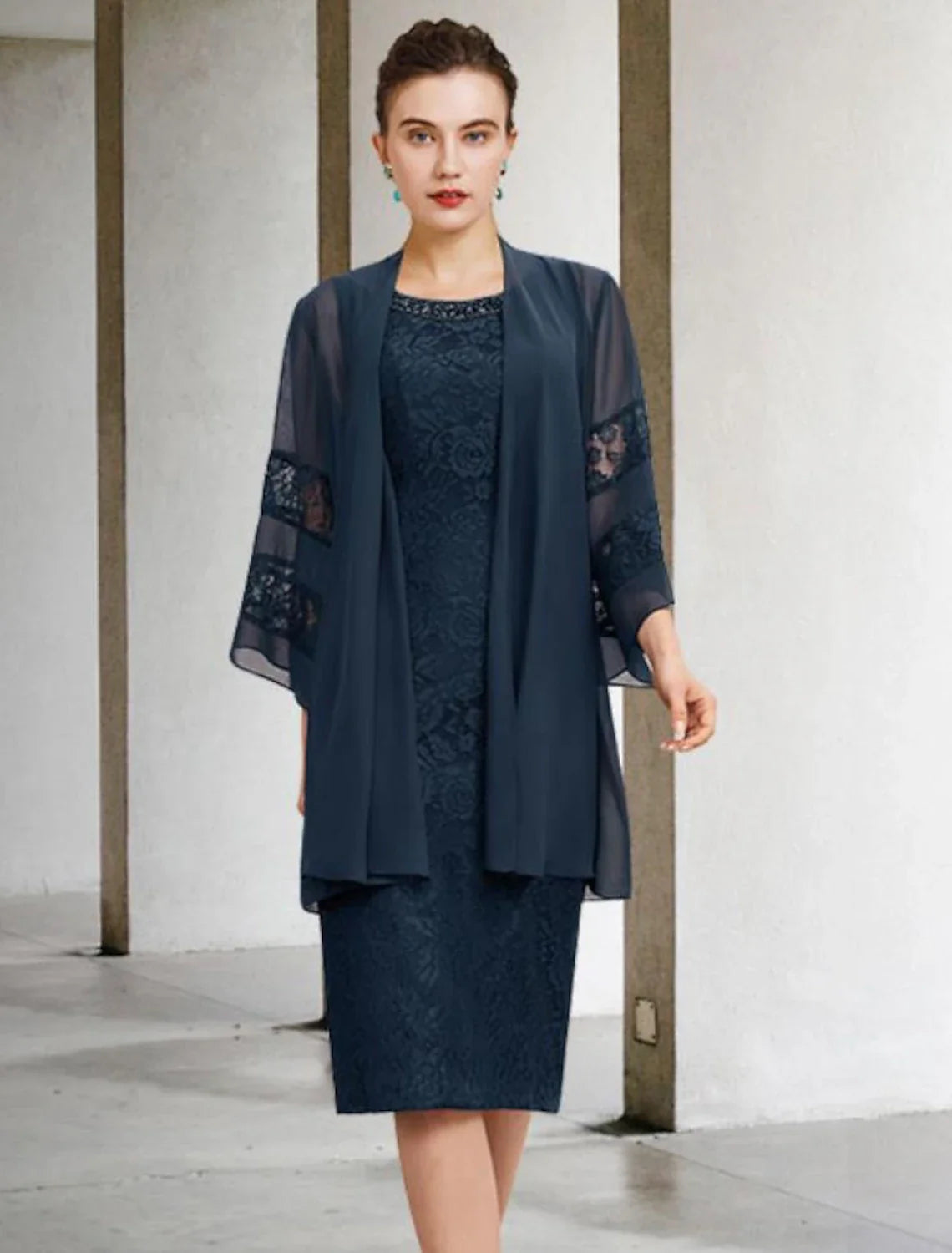 Aimishang Two Piece Sheath / Column Mother of the Bride Dress Wedding Guest Plus Size Elegant Jewel Neck Knee Length Chiffon Lace Sleeveless with Beading Appliques Fall