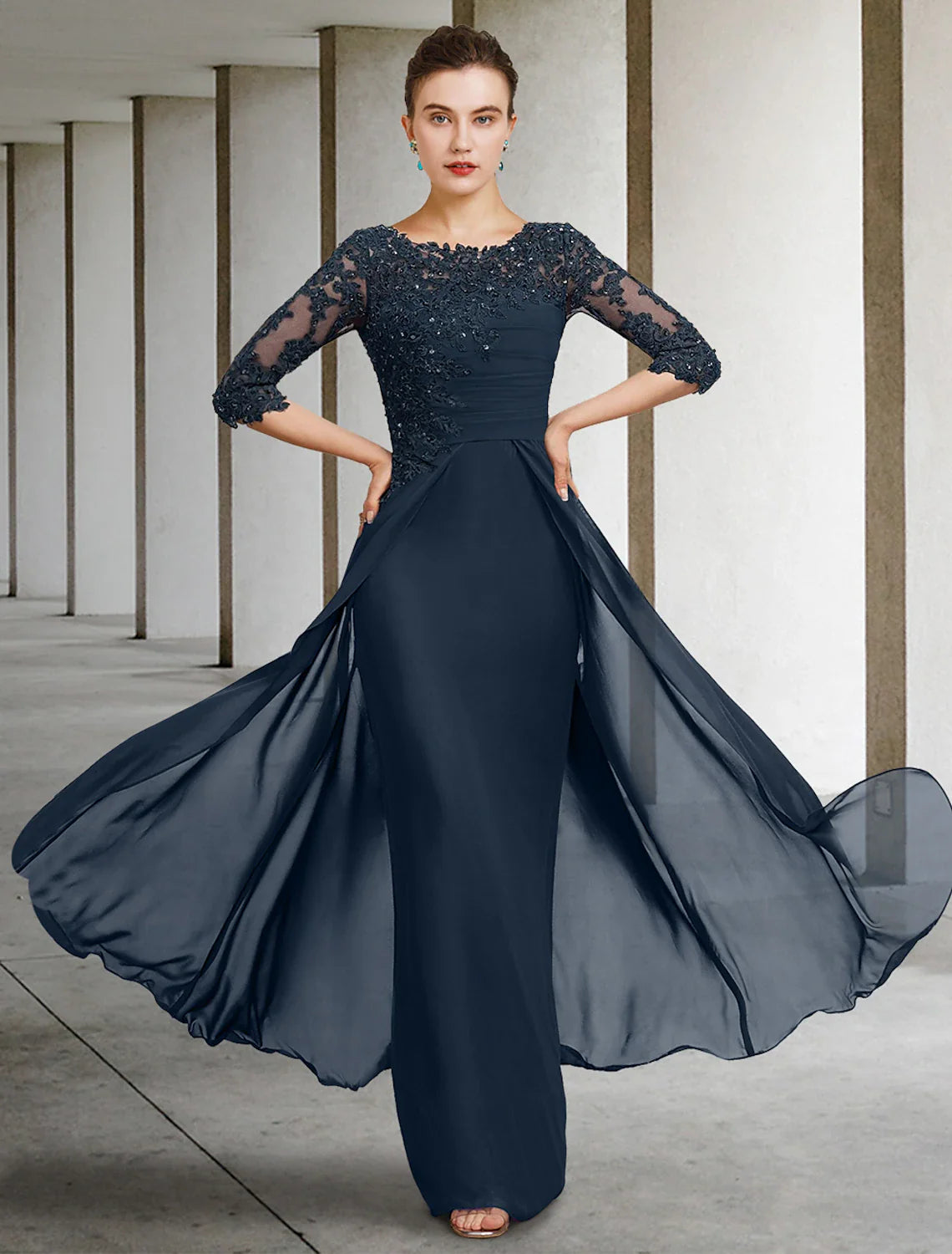 Aimishang Sheath / Column Mother of the Bride Dress Wedding Guest Elegant Jewel Neck Floor Length Chiffon Lace Half Sleeve with Sequin Ruching Solid Color