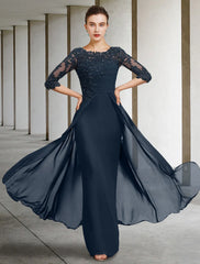 Aimishang Sheath / Column Mother of the Bride Dress Wedding Guest Elegant Jewel Neck Floor Length Chiffon Lace Half Sleeve with Sequin Ruching Solid Color
