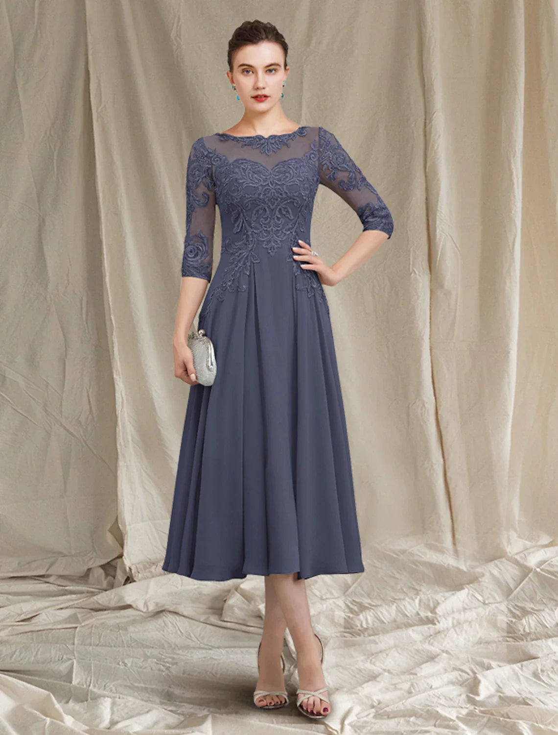 Aimishang  A-Line Mother of the Bride Dress Elegant Jewel Neck Tea Length Chiffon Lace Half Sleeve with Pleats Appliques