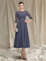 Aimishang  A-Line Mother of the Bride Dress Elegant Jewel Neck Tea Length Chiffon Lace Half Sleeve with Pleats Appliques