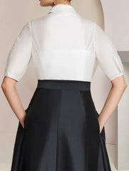 Aimishang A-Line Mother of the Bride Dress Formal Wedding Guest Party Elegant Shirt Collar Floor Length Taffeta Short Sleeve with Bow(s) Color Block