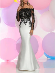Mermaid / Trumpet Evening Gown Elegant Dress Formal Wedding Guest Floor Length Long Sleeve Off Shoulder Satin with Pleats Appliques