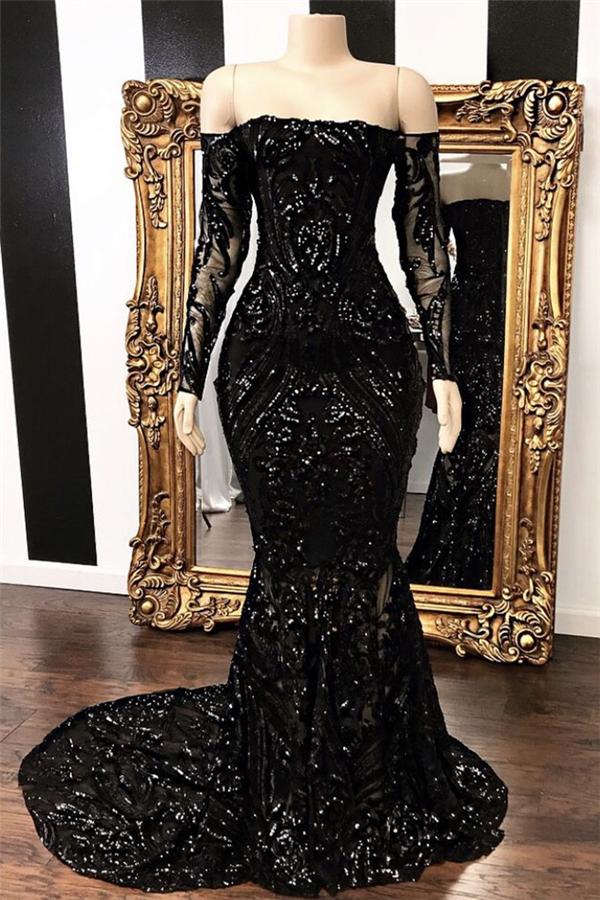 Glamorous Black Off-the-Shoulder Mermaid Prom Dress with Sequins