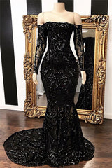 Glamorous Black Off-the-Shoulder Mermaid Prom Dress with Sequins