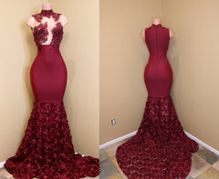 Glamorous Burgundy Mermaid High Neck Flowers Party Dress