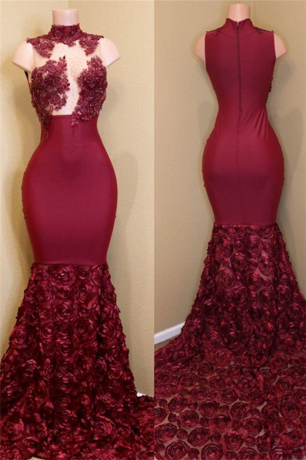 Glamorous Burgundy Mermaid High Neck Flowers Party Dress