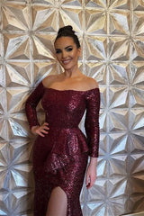 Glamorous Burgundy Sequins Mermaid Evening Dress Long Sleeves With Slit