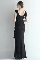 Glamorous Cap Sleeveless Mermaid Sequins Evening Gown Long With Split Ruffles