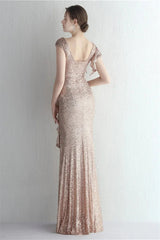 Glamorous Cap Sleeveless Mermaid Sequins Evening Gown Long With Split Ruffles