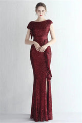Glamorous Cap Sleeveless Mermaid Sequins Evening Gown Long With Split Ruffles