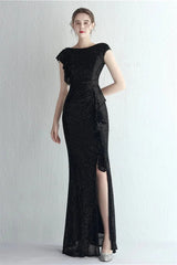 Glamorous Cap Sleeveless Mermaid Sequins Evening Gown Long With Split Ruffles