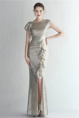 Glamorous Cap Sleeveless Mermaid Sequins Evening Gown Long With Split Ruffles