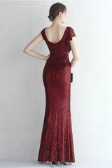 Glamorous Cap Sleeveless Mermaid Sequins Evening Gown Long With Split Ruffles
