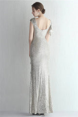 Glamorous Cap Sleeveless Mermaid Sequins Evening Gown Long With Split Ruffles