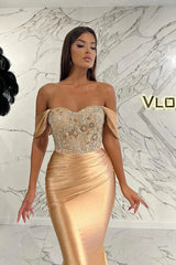 Glamorous Champagne Off-the-Shoulder Mermaid Evening Dress Long With Beadings