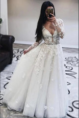 Glamorous Deep V-Neck Long Sleeve Wedding Dress with Lace Appliques