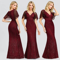 Glamorous Green Short Sleeve Prom Dress Long Mermaid Evening Gowns With Beadings