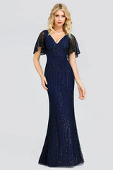 Glamorous Green Short Sleeve Prom Dress Long Mermaid Evening Gowns With Beadings