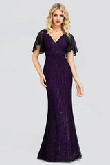 Glamorous Green Short Sleeve Prom Dress Long Mermaid Evening Gowns With Beadings