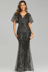 Glamorous Green Short Sleeve Prom Dress Long Mermaid Evening Gowns With Beadings