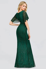 Glamorous Green Short Sleeve Prom Dress Long Mermaid Evening Gowns With Beadings
