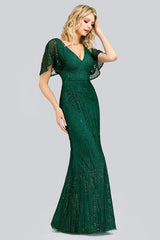 Glamorous Green Short Sleeve Prom Dress Long Mermaid Evening Gowns With Beadings
