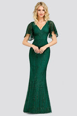Glamorous Green Short Sleeve Prom Dress Long Mermaid Evening Gowns With Beadings