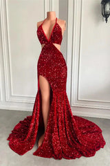 Glamorous Halter Mermaid Sequins Burgundy Evening Dress With Slit