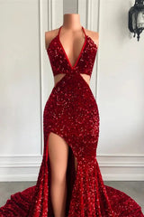 Glamorous Halter Mermaid Sequins Burgundy Evening Dress With Slit