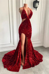 Glamorous Halter Mermaid Sequins Burgundy Evening Dress With Slit