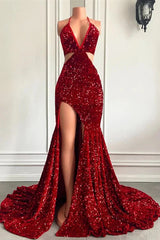 Glamorous Halter Mermaid Sequins Burgundy Evening Dress With Slit