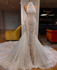 Glamorous High Neck Mermaid Evening Dress With Pearls and Sequins