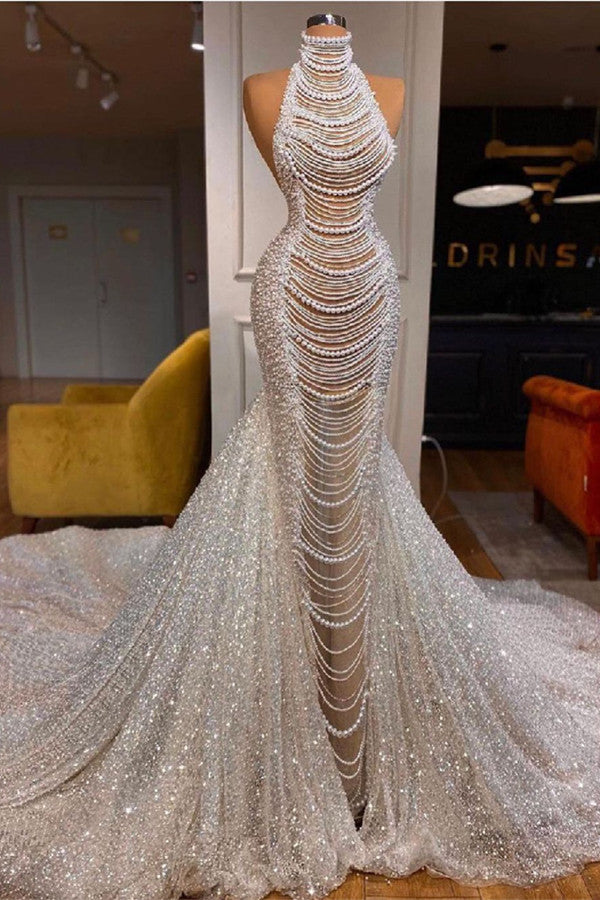 Glamorous High Neck Mermaid Evening Dress With Pearls and Sequins