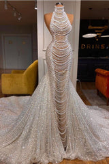 Glamorous High Neck Mermaid Evening Dress With Pearls and Sequins