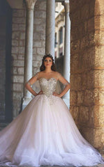 Glamorous Illusion Sweetheart Half Sleeve Tulle Beadings Ball Gown Wedding Dress