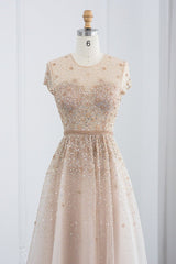 Glamorous Jewel Neck A Line Evening Dress with Tulle Appliques and Sequins