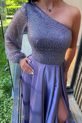 Glamorous Lavender One Shoulder Long Sleeves Evening Dress Slit Sequins