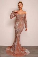 Glamorous Long Sleeve Off-the-Shoulder Sequins Evening Gowns Mermaid Prom Dress Online
