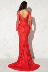 Glamorous Long Sleeve Red Prom Dress Long Mermaid Sequins Evening Gowns