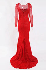 Glamorous Long Sleeve Red Prom Dress Long Mermaid Sequins Evening Gowns