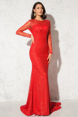 Glamorous Long Sleeve Red Prom Dress Long Mermaid Sequins Evening Gowns