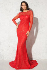 Glamorous Long Sleeve Red Prom Dress Long Mermaid Sequins Evening Gowns