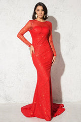 Glamorous Long Sleeve Red Prom Dress Long Mermaid Sequins Evening Gowns