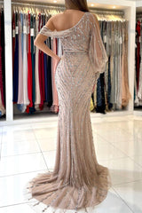 Glamorous Long Sleeves Mermaid One Shoulder Tulle Beads Prom Dress With Split