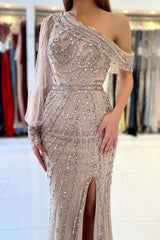 Glamorous Long Sleeves Mermaid One Shoulder Tulle Beads Prom Dress With Split