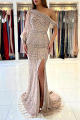 Glamorous Long Sleeves Mermaid One Shoulder Tulle Beads Prom Dress With Split