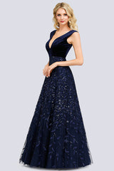 Glamorous Navy V-Neck Evening Dress with Leaves Appliques