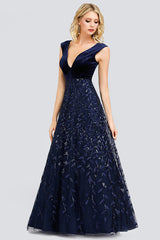 Glamorous Navy V-Neck Evening Dress with Leaves Appliques